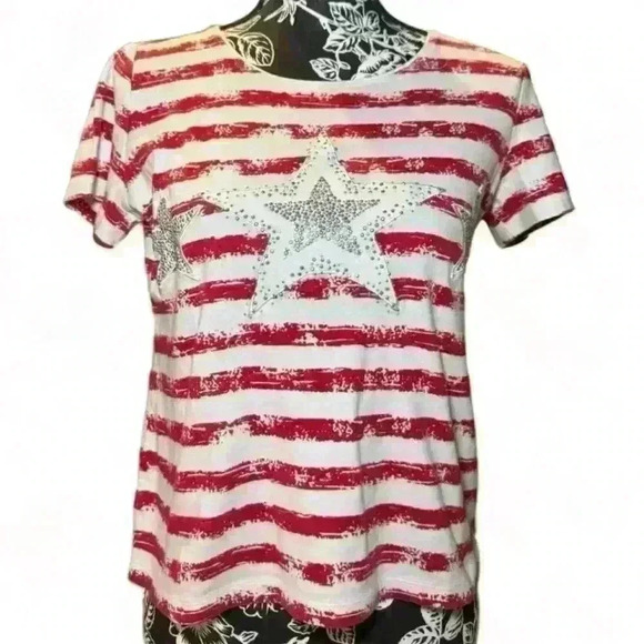 Karen Scott Petites Small Red Striped T-Shirt Star Embellishments Women's Top - Picture 1 of 4